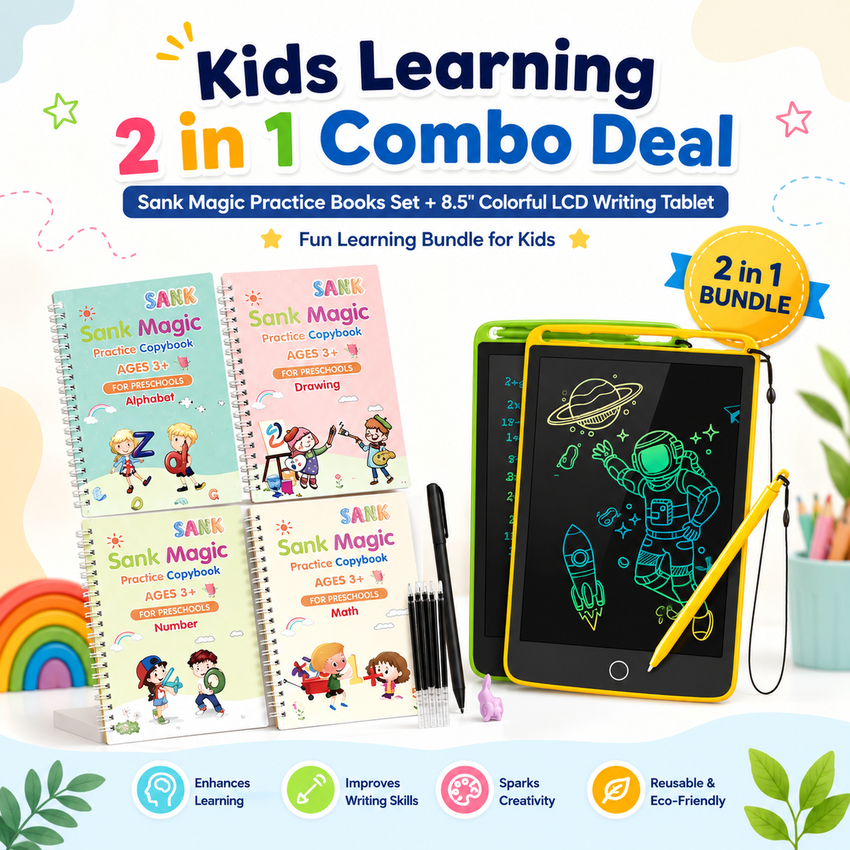 Two In One Kids Learning Combo Deal (Writing Magic Practice Books set + 8.5 Inches colorful LCD Writing Tablet)