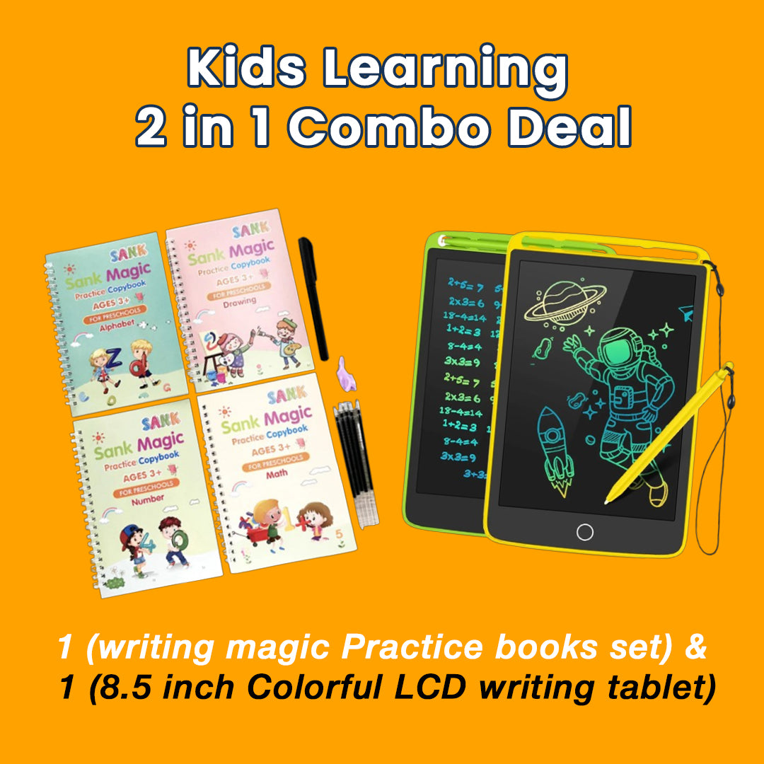 Two In One Kids Learning Combo Deal (Writing Magic Practice Books set + 8.5 Inches colorful LCD Writing Tablet)