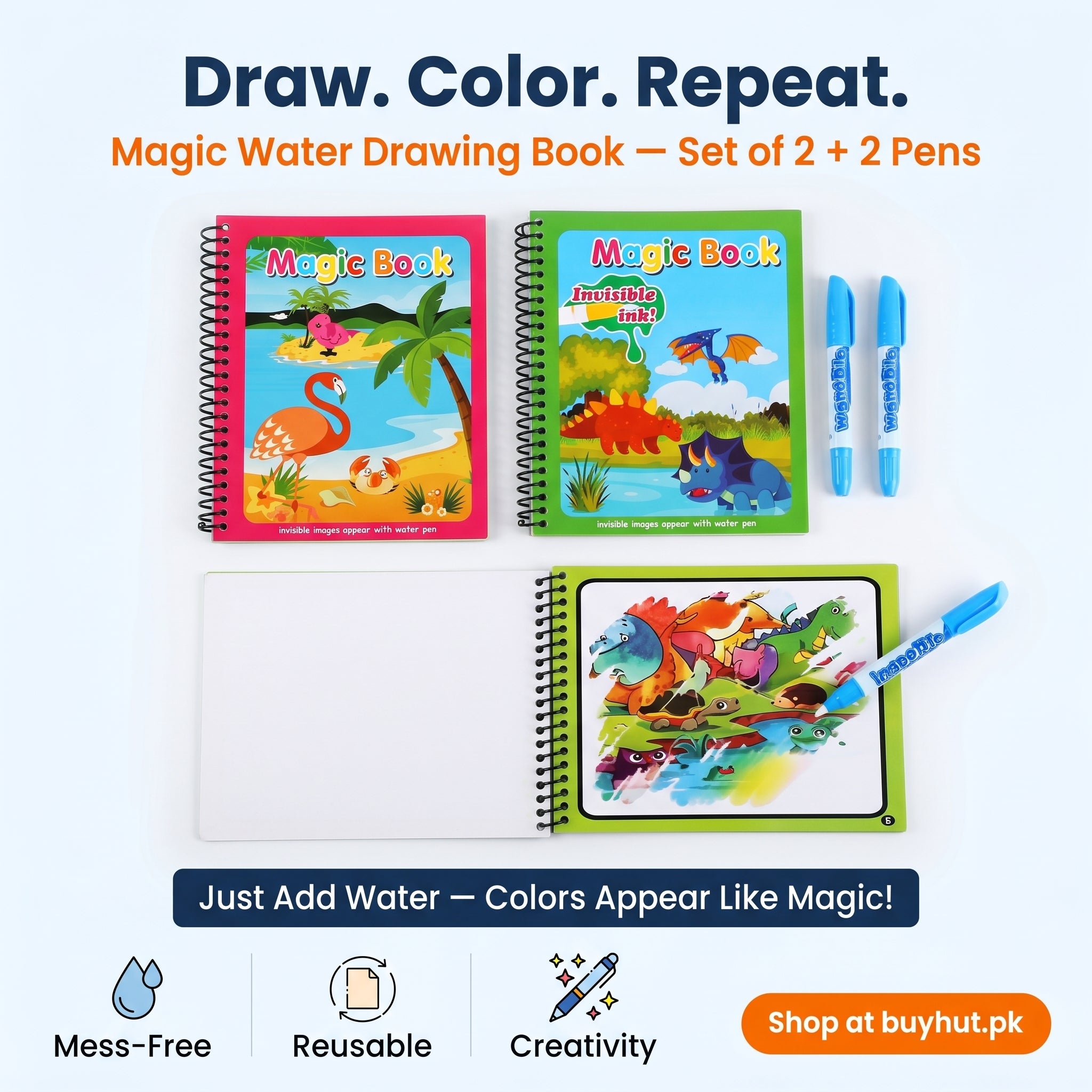 Magic Water Drawing Books for Kids | Set of 2 Books with 2 Pens | Reusable Mess-Free Water Coloring